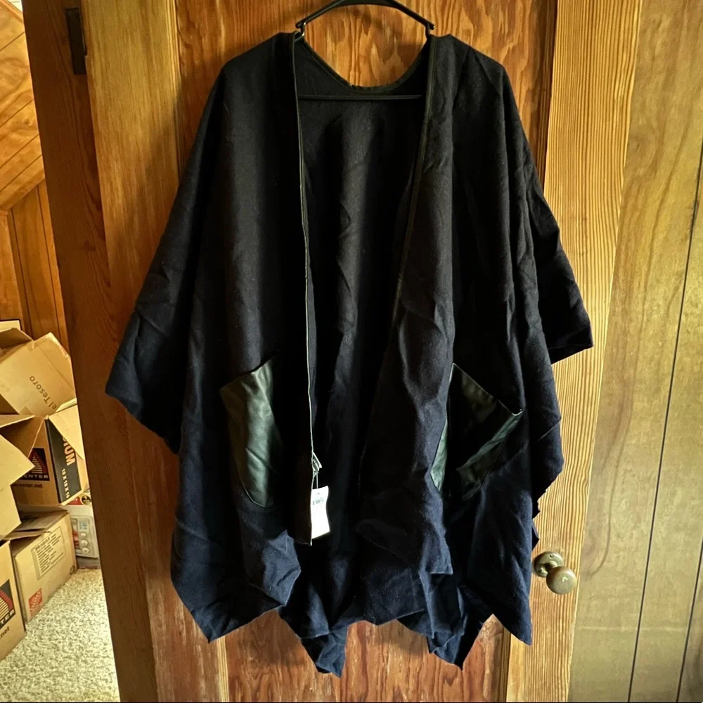 Ann Taylor Navy Blue Cape with Black Faux Leather Pockets - Picture 1 of 5